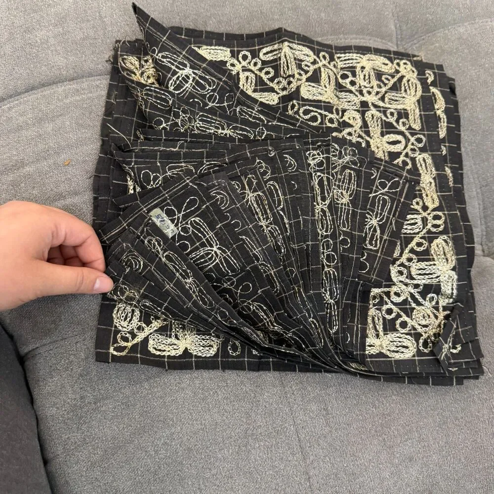 Vintage 54x92 Black Table Cloth Silver Embroidery Gold Tassels 12p 12x12 Napkins